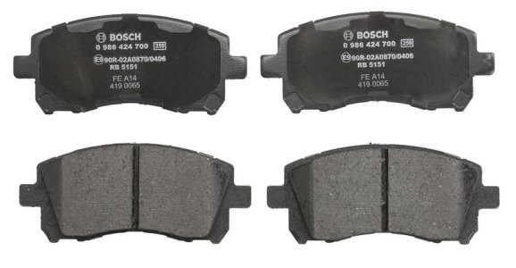 Set plăcuțe frână față , BOSCH (cu tampon de amortizare), pentru: SUBARU FORESTER, IMPREZA, LEGACY II, LEGACY III, LEGACY OUTBACK, OUTBACK 1.5-3.0 03.94-06.09