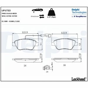 Set plăcuțe frână față, DELPHI , pentru:  ALFA ROMEO MITO; CITROEN NEMO, NEMO/MINIVAN; FIAT 500, 500 C, BRAVO II, DOBLO, DOBLO/MINIVAN 0.9-1.9D 10.01-