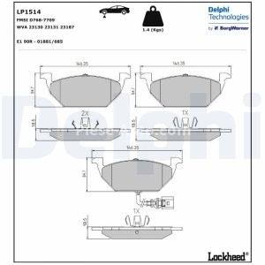 Set plăcuțe frână față, DELPHI , pentru: AUDI A2, A3; SEAT ALTEA, ALTEA XL, LEON, TOLEDO II, TOLEDO III; SKODA FABIA I, FABIA I PRAKTIK, FABIA II, OCTAVIA I, OCTAVIA II 1.2-2.5 09.96- 2
