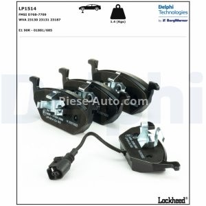 Set plăcuțe frână față, DELPHI , pentru: AUDI A2, A3; SEAT ALTEA, ALTEA XL, LEON, TOLEDO II, TOLEDO III; SKODA FABIA I, FABIA I PRAKTIK, FABIA II, OCTAVIA I, OCTAVIA II 1.2-2.5 09.96- 3