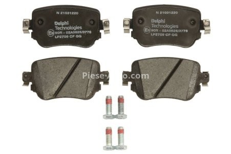Set plăcuțe frână spate, DELPHI (cu accesorii; cu un tampon de amortizare), pentru: AUDI A1, Q3; SEAT ALHAMBRA, LEON, LEON SC, LEON ST, LEON ST/KOMBI; SKODA OCTAVIA III, OCTAVIA IV 1.0-2.5 01.11- 1