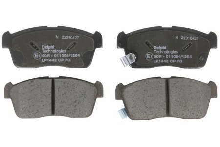 Set plăcuțe frână față, DELPHI (cu un tampon de amortizare), pentru: DAIHATSU COPEN, CUORE VII, SIRION, YRV; MITSUBISHI MIRAGE / SPACE STAR VI; SUBARU JUSTY IV 0.7-1.5 03.00-