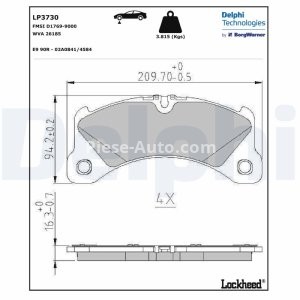 Set plăcuțe frână față, DELPHI , pentru: PORSCHE MACAN, PANAMERA, PANAMERA SPORT TURISMO 2.0-4.0 02.14- 3