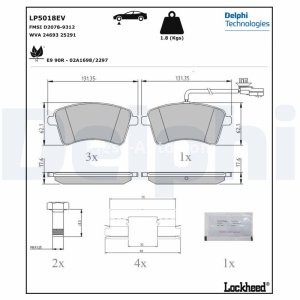 Set plăcuțe frână față, DELPHI (cu accesorii; cu un tampon de amortizare), pentru: RENAULT KANGOO BE BOP, KANGOO EXPRESS, KANGOO II 1.2-Electric 02.08-