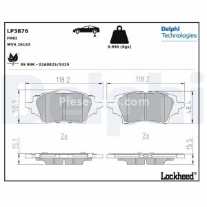 Set plăcuțe frână spate, DELPHI (cu un tampon de amortizare), pentru: TOYOTA C-HR, COROLLA 1.2-2.0H 10.16-