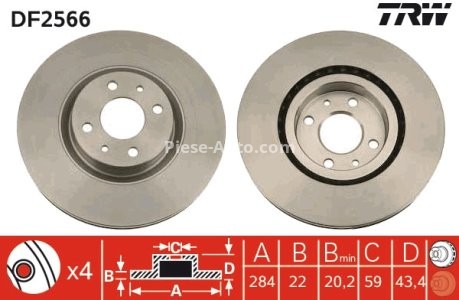 Disc frână TRW ,față, pentru: ALFA ROMEO 155; FIAT BRAVO I, BRAVO II, COUPE, CROMA, DOBLO, DOBLO/MINIVAN, FIORINO 1.2-3.0 11.84- 3