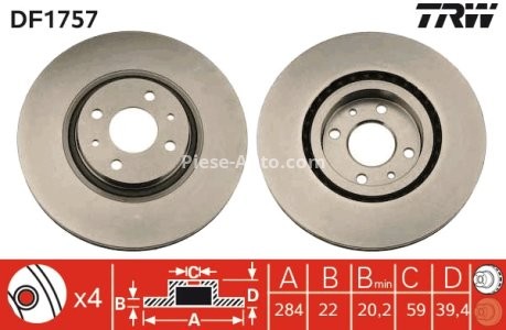 Disc frână TRW ,față, pentru: ALFA ROMEO 145, 146, 155; FIAT BRAVO II, COUPE, DOBLO, DOBLO/MINIVAN, MULTIPLA, PANDA, PUNTO, STILO, TIPO; LANCIA DEDRA, DELTA II 1.2-2.5 04.90- 3