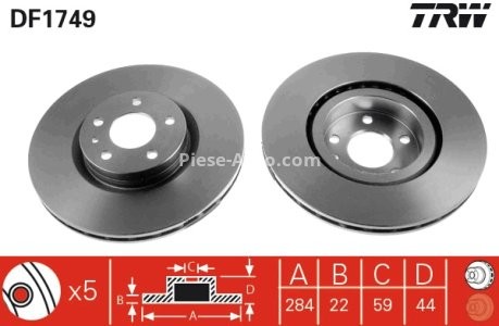 Disc frână TRW ,față, pentru: ALFA ROMEO 147, 156, 164, GT, GTV, SPIDER; FIAT BRAVO II, CROMA, DOBLO, DOBLO CARGO, QUBO, TIPO; LANCIA THEMA; OPEL COMBO TOUR 1.0-3.0 03.86- 3