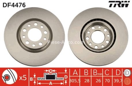 Disc frână TRW ,față, pentru: ALFA ROMEO 159, BRERA, GIULIETTA, GIULIETTA/HATCHBACK, SPIDER; CHRYSLER 200; FIAT 500X; JEEP COMPASS, RENEGADE 1.0-3.6ALK 06.05- 3