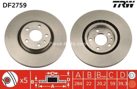 Disc frână TRW ,față, pentru: ALFA ROMEO GTV, SPIDER 1.8/2.0 06.95-10.05 3