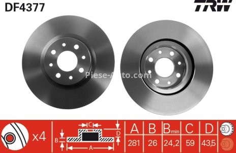 Disc frână TRW ,față, pentru: ALFA ROMEO MITO; FIAT BRAVO II, STILO, TIPO; LANCIA DELTA III 0.9-2.4 01.88-10.18 3