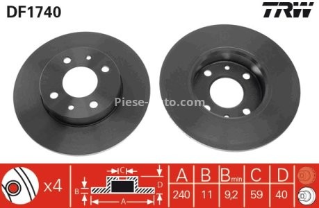 Disc frână TRW ,față / spate, pentru: ALFA ROMEO 155, 33; FIAT 500, 500 C, BARCHETTA, BRAVA, BRAVO I, CINQUECENTO, COUPE, MAREA, PANDA, PANDA/HATCHBACK, PUNTO 0.7-Electric 09.74- 3