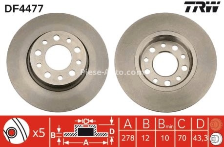Disc frână TRW ,spate, pentru: ALFA ROMEO 159, BRERA, GIULIETTA, GIULIETTA/HATCHBACK, SPIDER; FIAT 500X; JEEP COMPASS, RENEGADE 1.0-2.2 06.05- 3