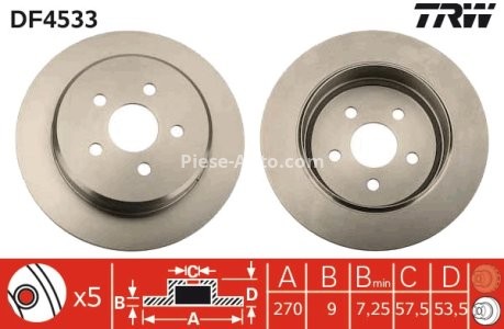 Disc frână TRW ,spate, pentru: CHRYSLER LE BARON, NEON, NEON II, PT CRUISER, SEBRING, STRATUS; DODGE NEON II; PLYMOUTH NEON II, SUNDANCE 1.6-2.7 09.86- 3