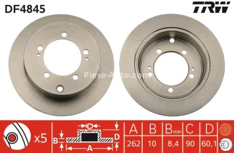 Disc frână TRW ,spate, pentru: CHRYSLER SEBRING; MITSUBISHI ECLIPSE II, ECLIPSE III, LANCER VII, OUTLANDER I, OUTLANDER II, SPACE RUNNER 1.3-3.0 05.95-12.13 3