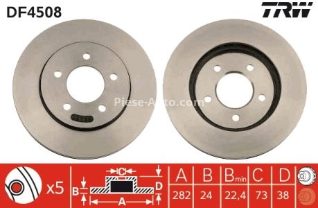 Disc frână TRW ,față, pentru: CHRYSLER VOYAGER III; DODGE CARAVAN; PLYMOUTH VOYAGER 2.0-3.8 01.95-12.07 3