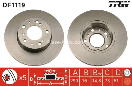 Disc frână TRW ,față, pentru: CITROEN C25; FIAT DUCATO; PEUGEOT J5 1.9D/2.0/2.5D 09.81-05.94 3