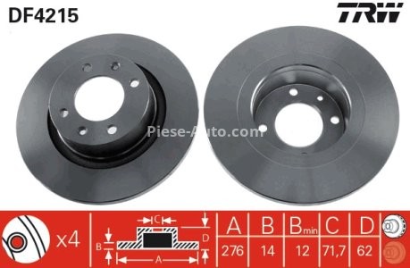 Disc frână TRW ,spate, pentru: CITROEN C5 I, C5 II, C5/KOMBI 1.6D-3.0 03.01- 3