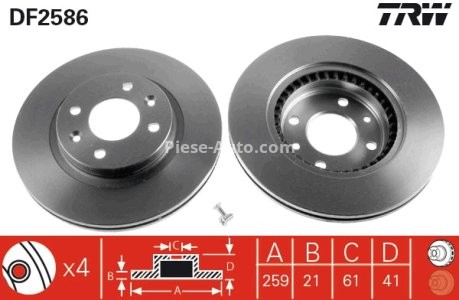 Disc frână TRW ,față, pentru: DACIA LOGAN, LOGAN EXPRESS, LOGAN MCV, SANDERO; LADA LARGUS; NISSAN KUBISTAR; RENAULT 19 I, 19 I CHAMADE, 19 II, 19 II CHAMADE, CLIO I 1.0-2.0 06.89- 3