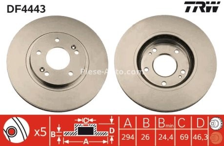Disc frână TRW ,față, pentru: DODGE CALIBER; HYUNDAI SANTA FÉ I, TUCSON; KIA SPORTAGE II; MITSUBISHI OUTLANDER II 1.8-2.7 02.01- 3