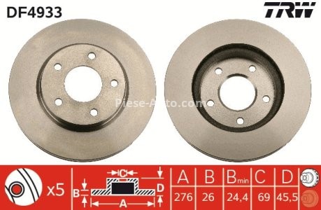 Disc frână TRW ,față, pentru: DODGE CALIBER; MITSUBISHI LANCER VII, LANCER VIII 1.5-2.4 09.03- 3