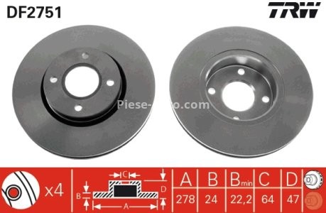 Disc frână TRW ,față, pentru: FORD COUGAR, MONDEO I, MONDEO II, SCORPIO II; FORD USA CONTOUR 1.8-2.9 04.93-12.01 3