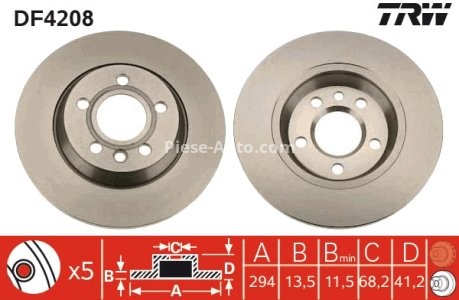 Disc frână TRW ,spate, pentru: FORD GALAXY I, GALAXY MK I; SEAT ALHAMBRA; VW CALIFORNIA T4 CAMPER, SHARAN, TRANSPORTER T4 1.8-2.8 07.90-03.10 3