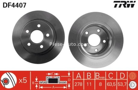 Disc frână TRW ,spate, pentru: FORD TOURNEO CONNECT, TRANSIT CONNECT 1.8/1.8D 06.02-12.13 3