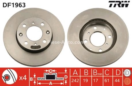Disc frână TRW ,față, pentru: HONDA CIVIC II, CIVIC IV, CIVIC V, CRX II, CRX III, INTEGRA 1.4/1.5/1.6 01.85-12.98 3
