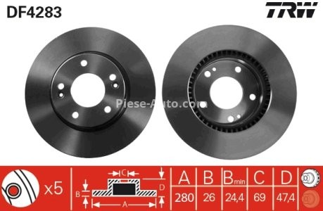Disc frână TRW ,față, pentru: HYUNDAI COUPE I, COUPE II, I30, IX20, SONATA V, SONATA VI, TIBURON, TUCSON, TUCSON/SUV; KIA CARENS II, CARENS III, CEE'D, CERATO II 1.4-2.7 08.96- 3