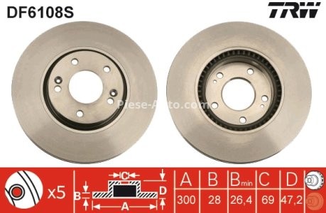 Disc frână TRW ,față, pentru: HYUNDAI CRETA, I30, I40 I, I40 I CW, IX35, SONATA V, SONATA VI, TUCSON, TUCSON/SUV; KIA CARENS IV, OPTIMA, SPORTAGE II, SPORTAGE III 1.4-3.3 06.04- 3