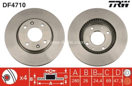 Disc frână TRW ,față, pentru: HYUNDAI ELANTRA III, SONATA IV; KIA MAGENTIS I 1.6-2.7 06.00-07.06 3
