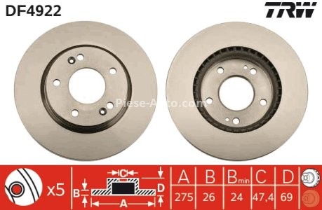 Disc frână TRW ,față, pentru: HYUNDAI ELANTRA IV, I30 1.6/1.6D/2.0 11.05- 3