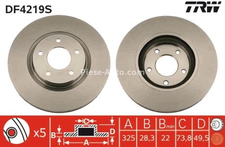 Disc frână TRW ,față, pentru: JAGUAR XJ, XK 8 3.2/4.0/4.2 03.96-12.06 3