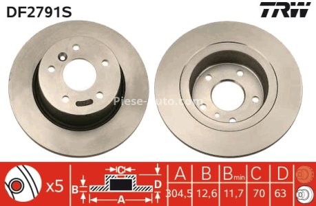 Disc frână TRW ,spate, pentru: LAND ROVER DISCOVERY II, RANGE ROVER II, RANGE ROVER III 2.5D-4.6 07.94-08.12