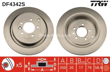Disc frână TRW ,spate, pentru: LAND ROVER DISCOVERY III, DISCOVERY IV, RANGE ROVER SPORT I 2.7D-5.0 07.04-12.18 3
