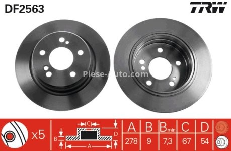 Disc frână TRW ,spate, pentru: MERCEDES 124 (A124), 124 (C124), 124 T-MODEL (S124), 124 (W124), C (CL203), C T-MODEL (S202), C (W202), C (W203), CLC (CL203) 1.8-3.6 09.85-06.11 3