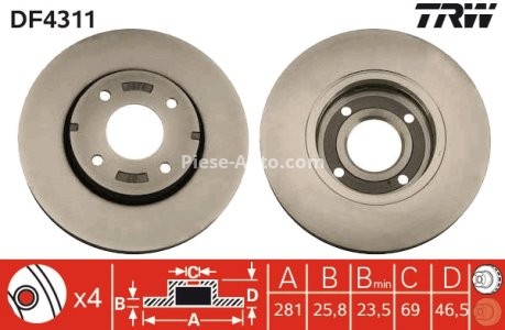 Disc frână TRW ,față, pentru: MITSUBISHI COLT CZC VI, COLT VI; SMART FORFOUR 1.5 03.05-06.12 3