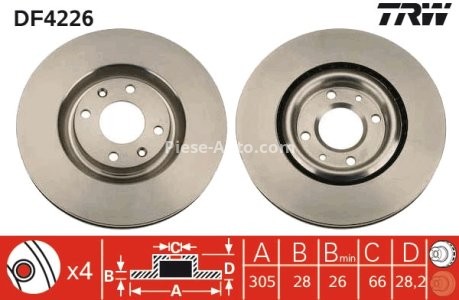 Disc frână TRW ,față, pentru: PEUGEOT 406 2.2D/3.0 03.97-12.04 3