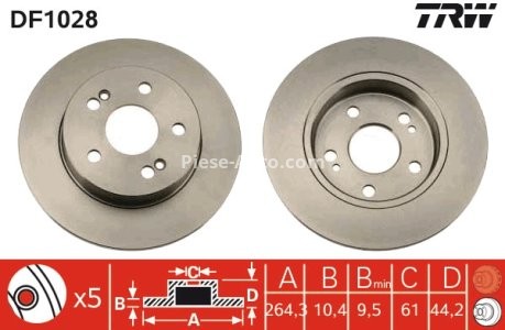 Disc frână TRW ,spate, pentru: RENAULT CLIO II, MEGANE I, SAFRANE I, SCENIC I 1.6-3.0 12.92-06.09 3