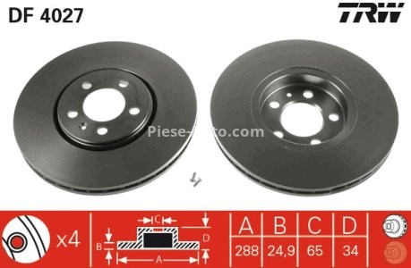 Disc frână TRW ,față, pentru: RVI MESSENGER; AUDI A1, A3; SEAT ALTEA, CORDOBA, IBIZA III, IBIZA IV, IBIZA IV SC, IBIZA IV ST, LEON, TOLEDO II, TOLEDO IV 0.9-Electric 10.85- 3