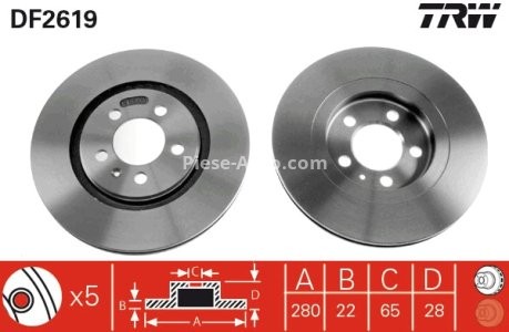 Disc frână TRW ,față, pentru: SEAT TOLEDO I; VW CORRADO, GOLF III, PASSAT B3/B4, VENTO 1.6-2.9 06.91-04.99 3