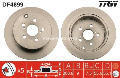 Disc frână TRW ,spate, pentru: TOYOTA CALDINA, CELICA, OPA, PRIUS 1.5H/1.8/2.0 08.99-12.09 3