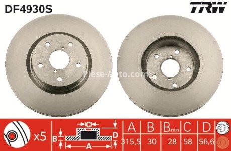 Disc frână TRW ,față, pentru: SUBARU LEGACY VI, LEVORG, OUTBACK, TRIBECA 1.6-3.6 01.05- 3