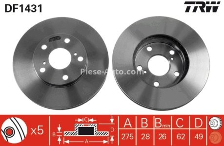 Disc frână TRW ,față, pentru: TOYOTA AVENSIS VERSO, CAMRY, GAIA, ISIS, NADIA, NOAH/VOXY, PREVIA II, SOLARA 1.8-3.0 06.91-08.14 3