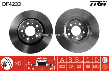 Disc frână TRW ,față, pentru: VOLVO 850, C70 I, S70, V70 I, XC70 I 2.0-2.5D 02.93-10.05 3