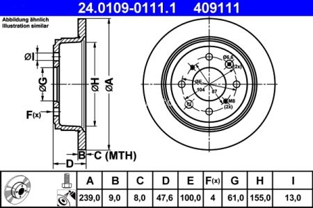 Disc frână ATE, spate, pentru: HONDA CITY IV, CIVIC V, CIVIC VI, CRX III, JAZZ, JAZZ II, JAZZ III 1.2-1.6 10.91- 3