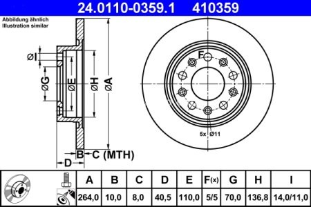 Disc frână ATE, spate, pentru: ALFA ROMEO 159, GIULIETTA, GIULIETTA/HATCHBACK 1.4-2.0D 09.05-12.20 3