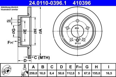 Disc frână ATE, spate,  (puternic carbonatat; cu suruburi) pentru: MINI (F55), (F56), (F57) 1.2-2.0D 09.13- 3