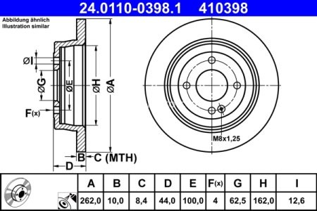 Disc frână ATE, spate, pentru: HYUNDAI ACCENT IV, ACCENT V, BAYON, I20 ACTIVE, I20 I, I20 II, I20 III, SOLARIS; KIA RIO III, RIO IV, STONIC 1.0-1.6D 09.08- 3